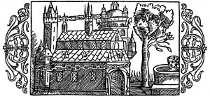 Una xilografia raffigurante il tempio di Uppsala, come descritto da Adamo di Brema , tra cui la catena d'oro intorno al tempio, il bene e l'albero, da Olaus Magnus ' Historia de Gentibus Septentrionalibus (1555).