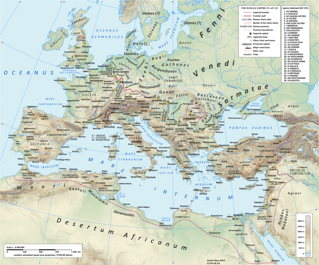 Impero romano ai tempi di Adriano (117-138). La conoscenza della Scandinavia risulta modesta, viene indicata la popolazione dei Suones