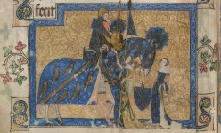 Sir Geoffrey Luttrell III raffigurato nella miniatura del folio 202v delSalterio Luttrell. Le insegne della casata di Irnham sono riportate sugli abiti della moglie e della nuora, noncheè sull'armatura, lo scudo e persino sulla gualdrappa del cavallo.