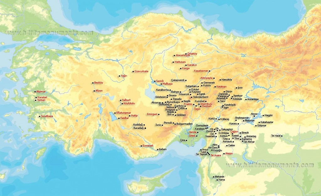 Mappa dei principali siti Ittiti (<a href=http://www.hittitemonuments.com/>hittitemonuments.com</a>)