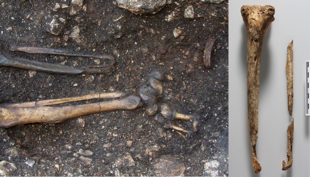 Scheletro maschile del VI secolo in situ durante lo scavo; a destra evidenza dell'amputazione del piede sinistro (Foto: OEAI, the Austrian Archaeological Institute.