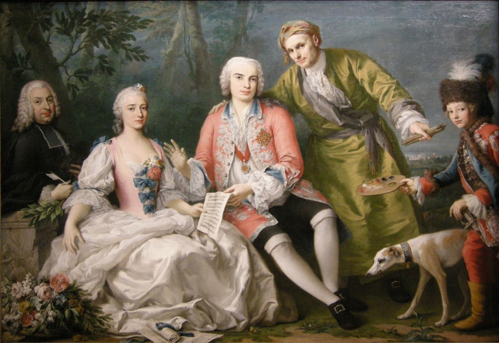 Carlo Broschi, meglio conosciuto come Farinelli, seduto al centro in questo dipinto di Jacopo Amigoni, 1750-1752. (Immagine dall'utente Sailko in Wikimedia Commons.