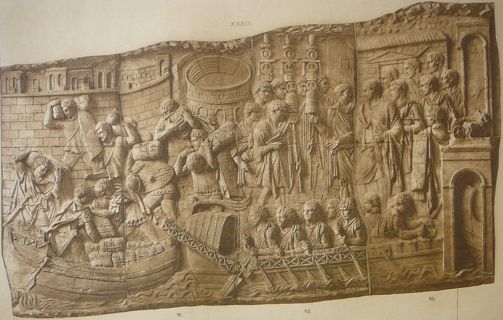 La scena XXV della colonna di Traiano, dove potrebbe essere stato rappresentato il "quartier generale" dell'Imperatore romano: Viminacium, in cui Traiano trascorse l'inverno 101-102 durante le guerre daciche